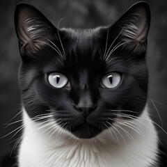 Stunning kitty alert! A black and white cat with bright eyes gazes right at you in a picture-perfect pose