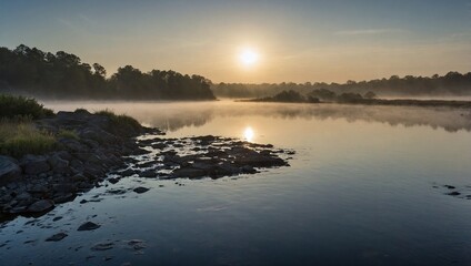 A misty river at dawn with fog rolling over the water