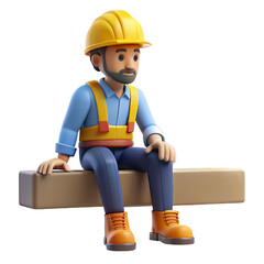 3d illustration of A construction worker taking a break, sitting on a beam and enjoying the city view.
