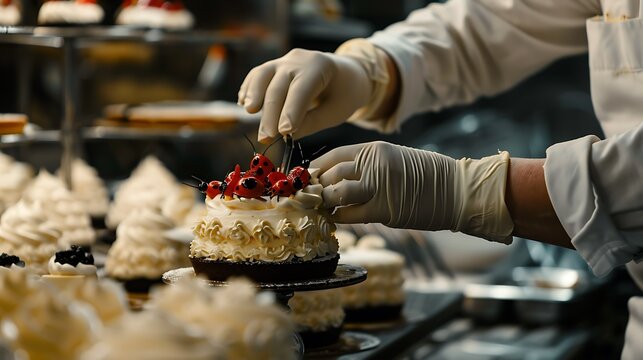 A pipping bugs capkake cream adorns the confectioner hands