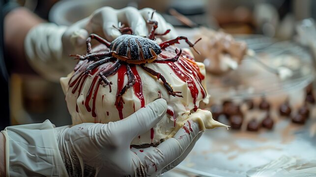 A pipping bugs capkake cream adorns the confectioner hands