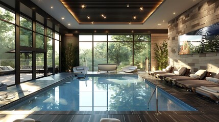 Fototapeta premium A poolside recreation area within a modern dwelling very detailed and realistic shape