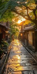 Fototapeta premium Golden Sunset on a Japanese Street