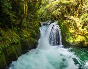 Fototapeta premium Waterfall Long Exposure imagein Lush Temperate Rainforest on the West Coast of New Zealand