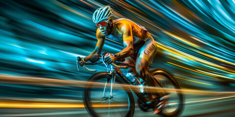 A cyclist racing down a road, motion blur effect
