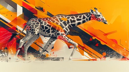 Giraffe is running in an abstract environment with orange, black and white geometric shapes. This illustration can be used as a background or wallpaper