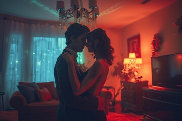Naklejka premium Romantic Couple Embracing in Dimly Lit Living Room with Warm Ambient Lighting
