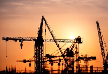 Fototapeta premium silhouette sunset construction cranes engineering crane building architecture area beam build builder