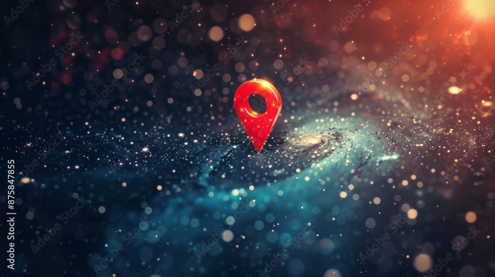 Aufkleber red pinpoint in cosmic nebula. abstract image of a red location pin against a backdrop of a cosmic n