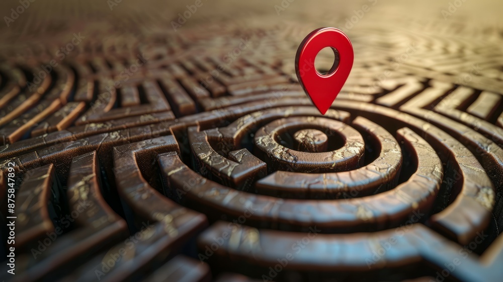 Poster pinpoint solution for labyrinth maze. abstract concept of finding a solution in a complex maze.