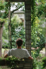 Young Man Reading a Book on a Porch Swing Surrounded by Lush Greenery in a Peaceful Garden