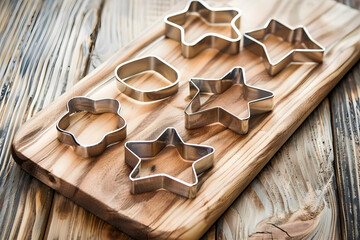 Stainless Steel Cookie Cutters on Wooden Board