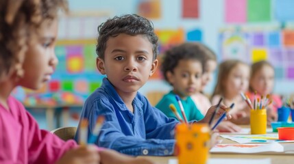 serious students from various cultural backgrounds in a classroom setting, colorful art supplies highlighting the power of creativity, inclusivity, and the universal love for learning