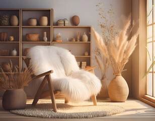  A cozy interior featuring a fluffy white armchair bathed in soft sunlight. The minimali_1(20)