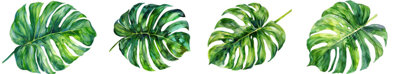 A set of watercolor monstera leaves, showcasing detailed tropical foliage art. Perfect for nature-inspired designs and botanical themes. transparent background © Purichaya