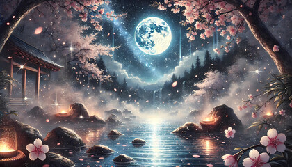 Fototapeta premium 夜桜、満月、月、月明かり、幻想