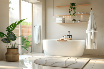 Interior of modern stylish bathroom with hanging bathrobe