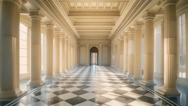 A hallway with neoclassical columns and a checkered floor showcasing symmetry and balance, Explore the use of symmetry and balance in neoclassical architecture to create harmonious compositions