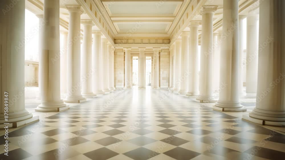 Poster a hallway with symmetrical columns and a checkered floor, explore the use of symmetry and balance in