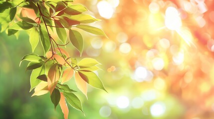 Obraz premium Bright Nature Background Featuring Green Maple Leaves And Warm Light Ideal For Seasonal Promotions And Design Applications
