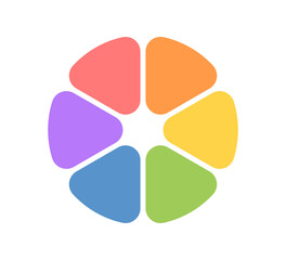 Circle division infographic icon. Pie chart divided six equal parts. Sectors with rounded corners icon. Color infographic flower round diagram. Vector illustration isolated on white background.