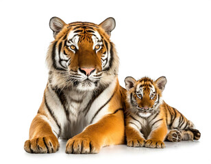 Obraz premium Tiger mit jungtier isoliert auf weißen Hintergrund, Freisteller 