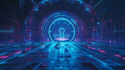 Digital security gateway. Abstract digital security concept with a glowing keyhole in a futuristic tunnel.