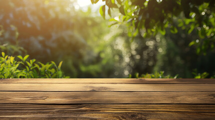 Fototapeta premium wood table with a blurry nature.background with copy space