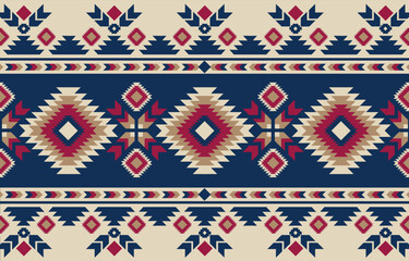 Ethnic tribal Aztec colorful blue background. Seamless tribal pattern, folk embroidery, tradition geometric Aztec ornament. Tradition Native and Navaho design for fabric, textile, print, rug, paper