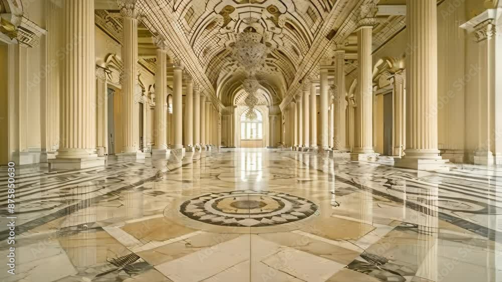 Poster ornate hallway with columns and marble floors, explore the use of symmetry and balance in neoclassic