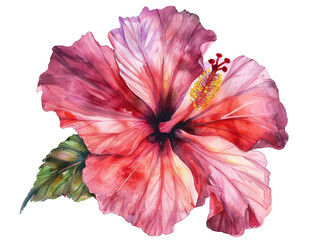 Naklejka premium Beautiful watercolor painting of a pink and red hibiscus flower, showcasing its vibrant petals and green leaves in stunning detail. transparent background