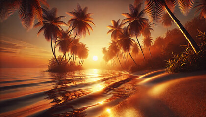 南国、夕焼け、海岸、黄昏