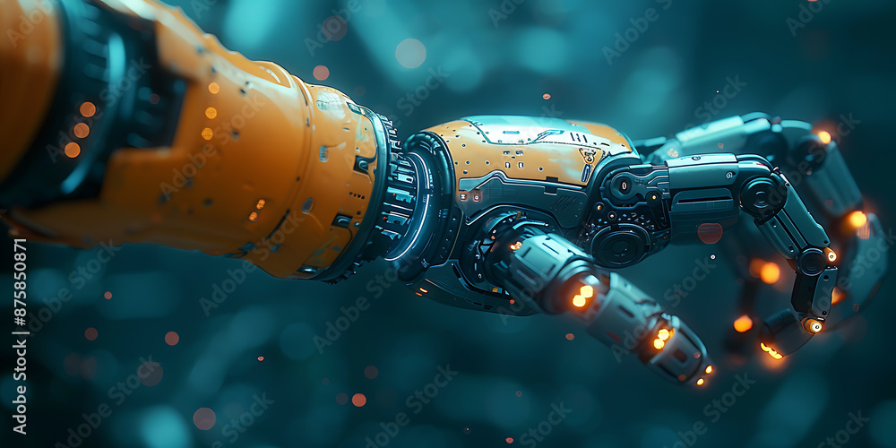 Aufkleber realistic robot arm in action against tech backdrop