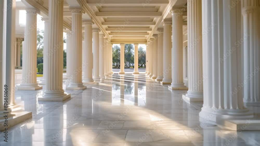 Poster symmetrical hallway with columns and light, explore the use of symmetry and balance in neoclassical 
