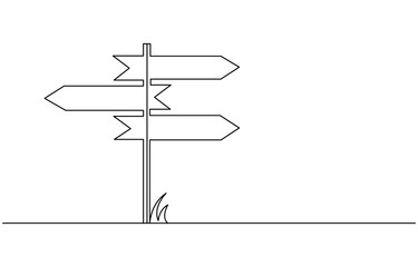 Road direction sign arrows isolated on white background. Continuous one line drawing. Fingerpost in continuous line art drawing style. Signpost pointing in the direction of travel to places 