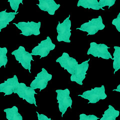 Abstract Seamless Pattern with Watercolor Spots. Hand Drawn Green Splash on Black Background.
