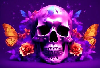 Obraz premium butterflies magic concept bone autumn card background concept abstract atmosphere butterfly beautiful surreal purple neon triangle skull image flowers art creative background