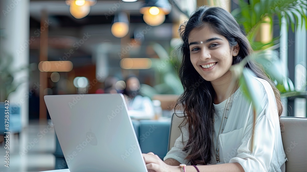 Wall mural Smiling indian business woman working on laptop in modern office lobby space. Young indian student using computer remote studying, watching online webinar, zoom virtual training - generative ai