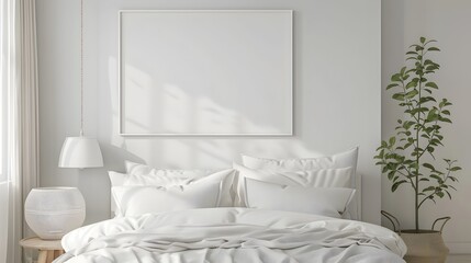 Frame Mockup, bedroom with empty poster mock up and plants, modern room blank painting on wall scandinavian and minimalist