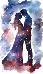 Fototapeta premium Wedding invitation design featuring a contemporary watercolor galaxy theme backdrop adorned with silhouettes of the bride and groom.