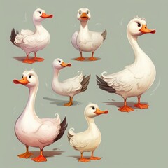 Illustration of six cute white ducks with orange beaks and feet in playful poses against a vibrant green backdrop. Ideal for childrens books, animations, and whimsical projects.