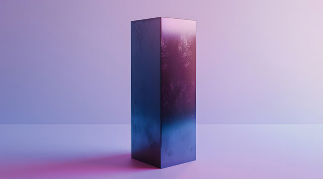 A sleek, iridescent rectangular column standing upright on a gradient pastel background. The pillar reflects hues of blue, purple, and pink, creating a modern and futuristic aesthetic with a minimalis