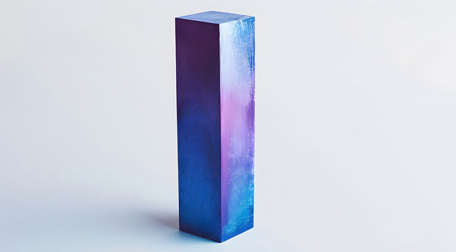 A sleek, iridescent rectangular column standing upright on a gradient pastel background. The pillar reflects hues of blue, purple, and pink, creating a modern and futuristic aesthetic with a minimalis