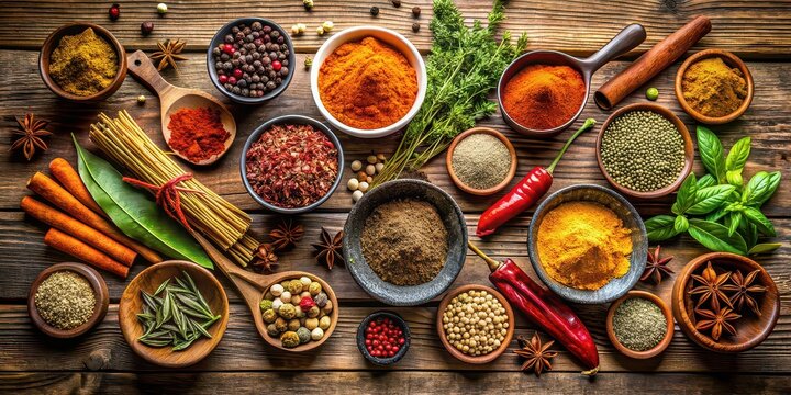 Assorted spices on a rustic wooden table , cooking, flavor, seasoning, ingredient, culinary, food, aromatic, kitchen, herbs