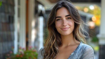  Confident American woman real estate agent stands proudly outside a modern home, radiating expertise and approachability, ready to assist potential house buyers 

