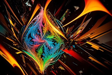 植物のような形のオブジェクトとカラフルな様々な線が飛び交う抽象的な背景イラスト