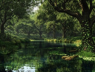 Obraz premium Tranquil Forest SceneHidden Pond and Reflections in Nature.