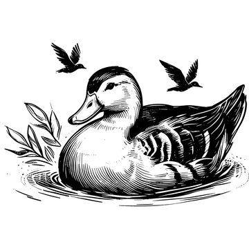 recommend clip art: Vintage ink sketch duck vector line art black hand drawn, illustration background
