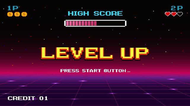 LEVEL UP. press start button. pixel art .8 bit game. retro video game. for game assets.