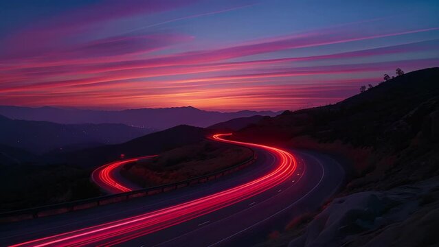 As the sun sets over the horizon the winding roads of the mountain highway become a canvas for a dazzling display of car light trails.